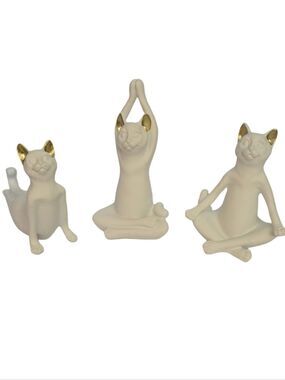 Three Hands Corp Set of 3 Yoga Cat Resin Figurines - White w/Gold Inner Ears Zen
